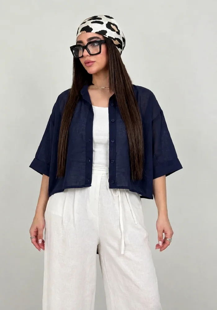 linen shomiz شومیز لینن سورمه ای کوتاه خنک
